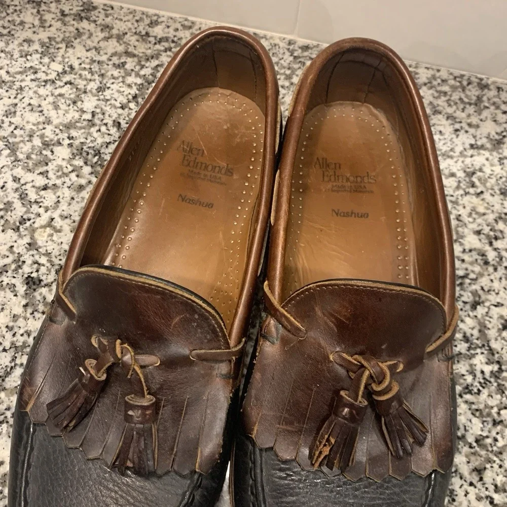 Allen Edmonds #42250 Nashua Mens Size 10 D Black Brown Kiltie Tassel Moc Loafers